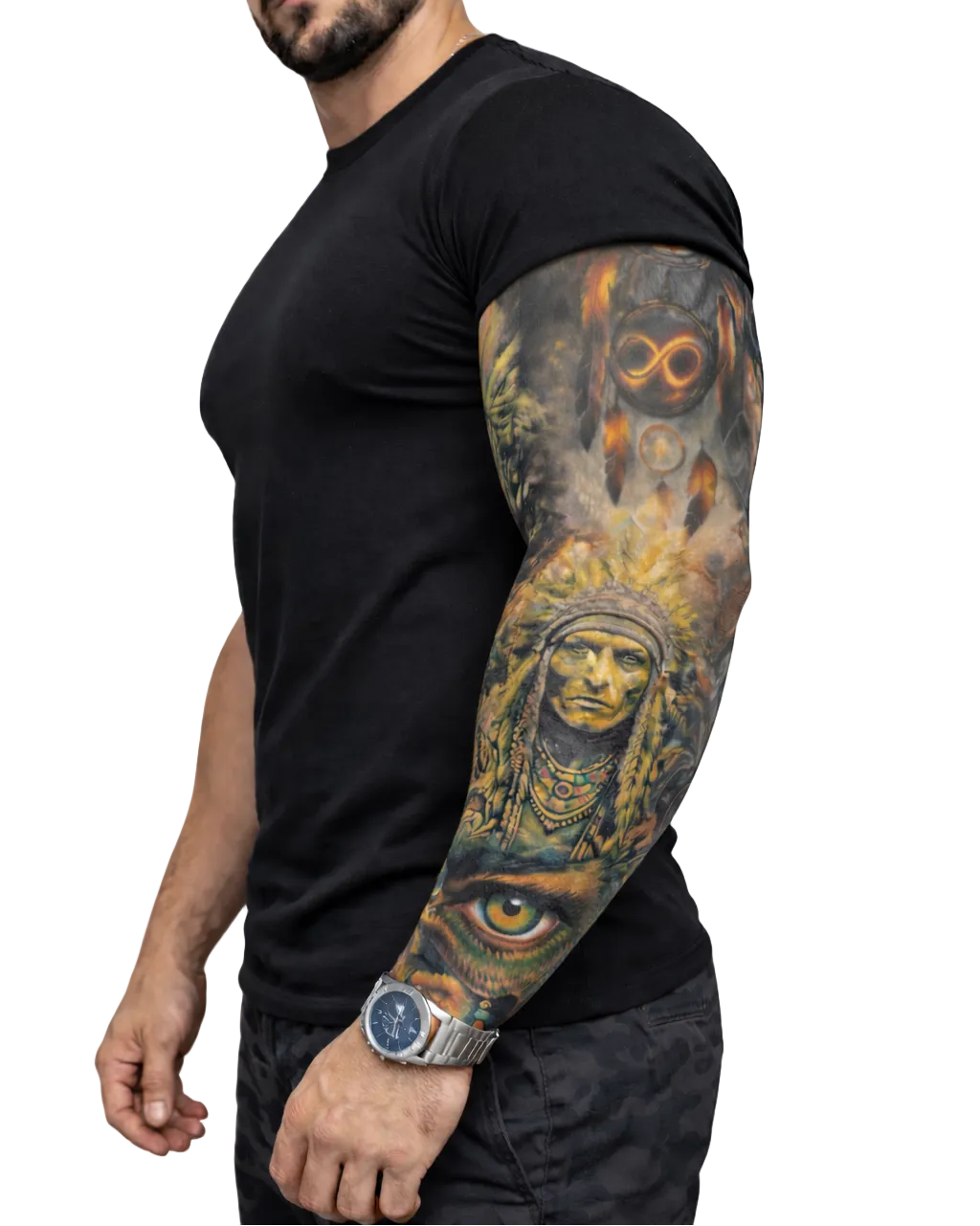 Man wearing a black t-shirt with a tattooed arm on a white background