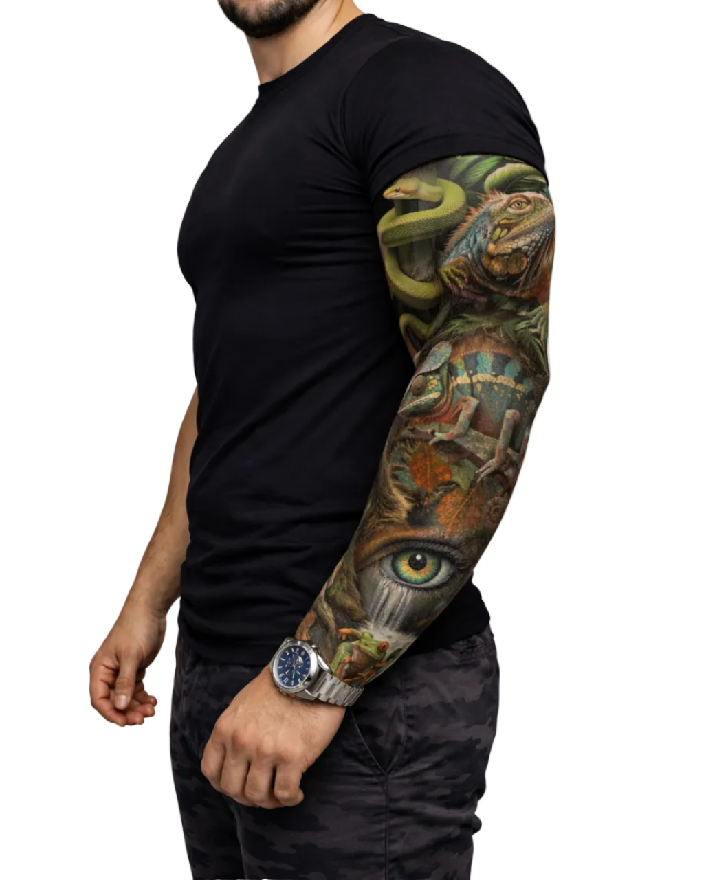 Man wearing a black t-shirt with a colorful tattoo sleeve on his arm.